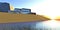 An exclusive cubist style villa built on a remote rocky island in the Pacific Ocean during a stunning sunrise. 3d rendering