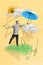 Exclusive magazine picture sketch collage image of dreamy funky guy walking under umbrella isolated creative background