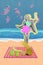 Exclusive minimal magazine sketch collage of young girl spending good day on beach dancing  colorful background