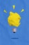 Exclusive minimal magazine sketch image of drawing electric lamp yellow paper bulb isolated blue painting background