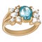 Exclusive ring made of gold with inlaid blue aquamarine and diamonds isolated on white background. An instance of