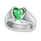 Exclusive ring made of white gold with inlaid green emerald heart shaped isolated on white background. An instance of