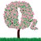 Exclusive. A tree blooming with pink flowers in the form of the chemical formula of oxygen. Vector.