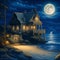 An excotic fantasy of house near the sea with full moon, night scene, t-shirt prints