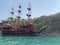 Excursion boat across the Mediterranean. Large sailing boat for excursions. Excursion on an old boat on the sea. Turkey, Oludeniz
