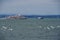 Excursion boat and customs boat with swans in the foreground