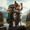 Excursion with pet. Mountain dog treks. Fit lifestyle. Pet inclusive landscapes. Hiking dog with backpack set