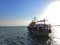 Excursion ship sails into the sea with tourists on Board, who bought the tour, people bask in the sun on the upper deck