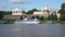 Excursion ship `Veche` at the pier on the background of the Kremlin of Velikiy Novgorod. Russia