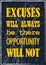 Excuses Will Always Be There Opportunity Will Not. Motivational quote. Vector typography poster
