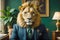 Executive Lion in Verdant Office Scene, AI Generated