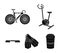 Exercise bike, bicycle, fins for swimming, fitness bench. Sport set collection icons in black style vector symbol stock