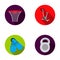 Exercise bike with a counter, fins for swimming, a weight, a basketball basket. Sport set collection icons in flat style