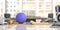 Exercise mat and pilates ball on an office desk, blur business background. 3d illustration