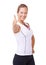 Exercise, thumbs up and woman in studio for fitness success, workout achievement and winning hands or like emoji