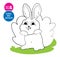 Exercise to develop color perception and drawing skills for children. Happy little bunny sitting in bush. Learn and play