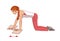 Exercise with a towel, Girl with pigtail performs exercises with a towel on the slippery domiciliary floor