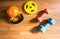 Exercise weights - dumbbell with extra plates on a rustic wooden deck .