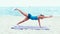Exercise woman stretching on beach. Fitness sport model smiling happy stretching legs during outdoor work out on sunny