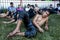 Exhasted wrestlers relax in the shade after competing at the Kirkpinar Turkish Oil Wrestling Festival in Edirne in Turkey.