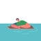 Exhausted Male Character Swimming in Sea after Shipwreck. Man Trying to Survive in Ocean Floating on Wooden Plank