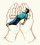 The exhausted man in praying hands. Vector drawing