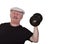 Exhausted senior man lifting dumbbell