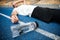 Exhausted young sportsman lying on a racetrack