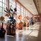 exhibit of colorful vases on display in an art museum lined up near a window, in a corridor,