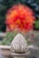 Exhibit entitled Summer Sun in soft focus in foreground, by glass artist Dale Chihuly by the lake at Kew Gardens, UK