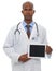 Exhibit your healthcare message on this screen. A young african doctor holding a digital tablet with a blank screen