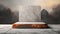 Exhibition podium for a variety of goods in Rust and Grey colors against a rock background AI Generated