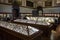 Exhibition of precious stones and rare minerals in old showcases