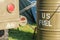 Exhibition of US fuel drums in a reconstituted military camp