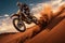 An exhilarating image of a man riding a dirt bike as he dominates a sandy hill with determination, Dirt bike jumping over a sand