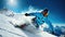 Exhilarating Mid-Jump Skier on Pristine Mountain Slope. Generative Ai