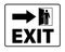 Exit door indication sign with person opening the door, a directional arrow and text