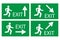 Exit sign with arrow up, right, down on green background. Safety notice emblem. Vector illustration. Stock image.