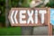 Exit sign on a wooden plank, old, vintage, left direction sign, against the background of green trees in the hotel, close up
