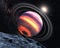 Exo planet with lava stripes and rings in outer space, view from its moon.