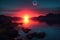 exoplanet: alien sunset with dual suns and colorful atmospheric effects