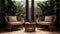 Exotic Atmosphere: 3d Render Of Rattan Lounge Chairs With Potted Plants