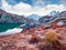 Exotic autumn view of Lac Blanc lake with Mont Blanc Monte Bianco on background, Chamonix location. Attractive outdoor scene in