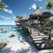 Exotic beach scenery with detailed architecture and vibrant colors