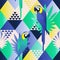 Exotic beach trendy seamless pattern, patchwork illustrated floral tropical leaves. Jungle blue parrots. Wallpaper print ba