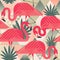 Exotic beach trendy seamless pattern, patchwork illustrated floral vector tropical banana leaves. Jungle pink flamingos