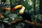 Exotic beauty Toucan sitting on a jungle branch, colorful feathers