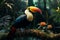 Exotic beauty Toucan sitting on a jungle branch, colorful feathers