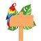 An exotic bird, the Macaw parrot, sits on a signpost amid tropical greenery.