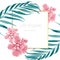 Exotic camelia flowers and green tropical jungle palm tree leaves. Border frame card banner flyer template.